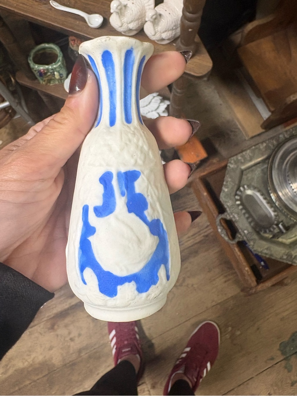 Antique 1850s Bennington Style Parian Ware Bud Vase Blue & White Ruffled Rim
